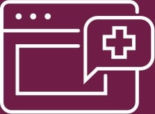 Icon of webpage with a speech bubble that contains a medical cross. Icon is for online bill pay.